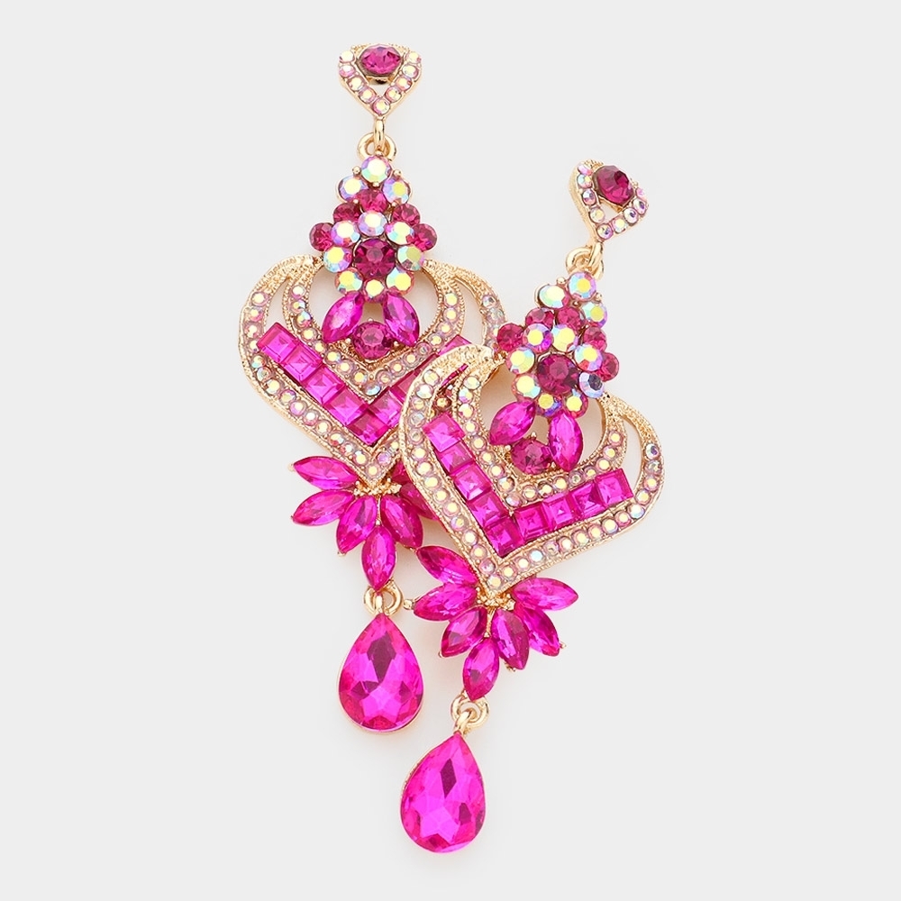 Fuchsia Glass Heart Teardrop Crystal Dangle Earrings 3.5" Statement Evening